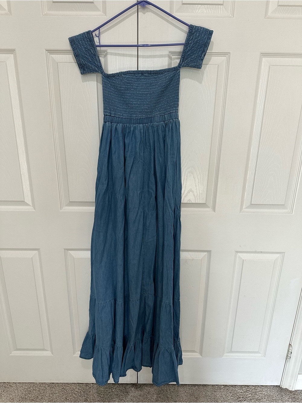 VENUS Denim-Blue Smocked Off-Shoulder Maxi Dress